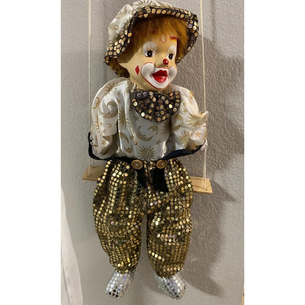Circus Clown String Marionette Puppet on Swing Porcelain Head 22" Vintage